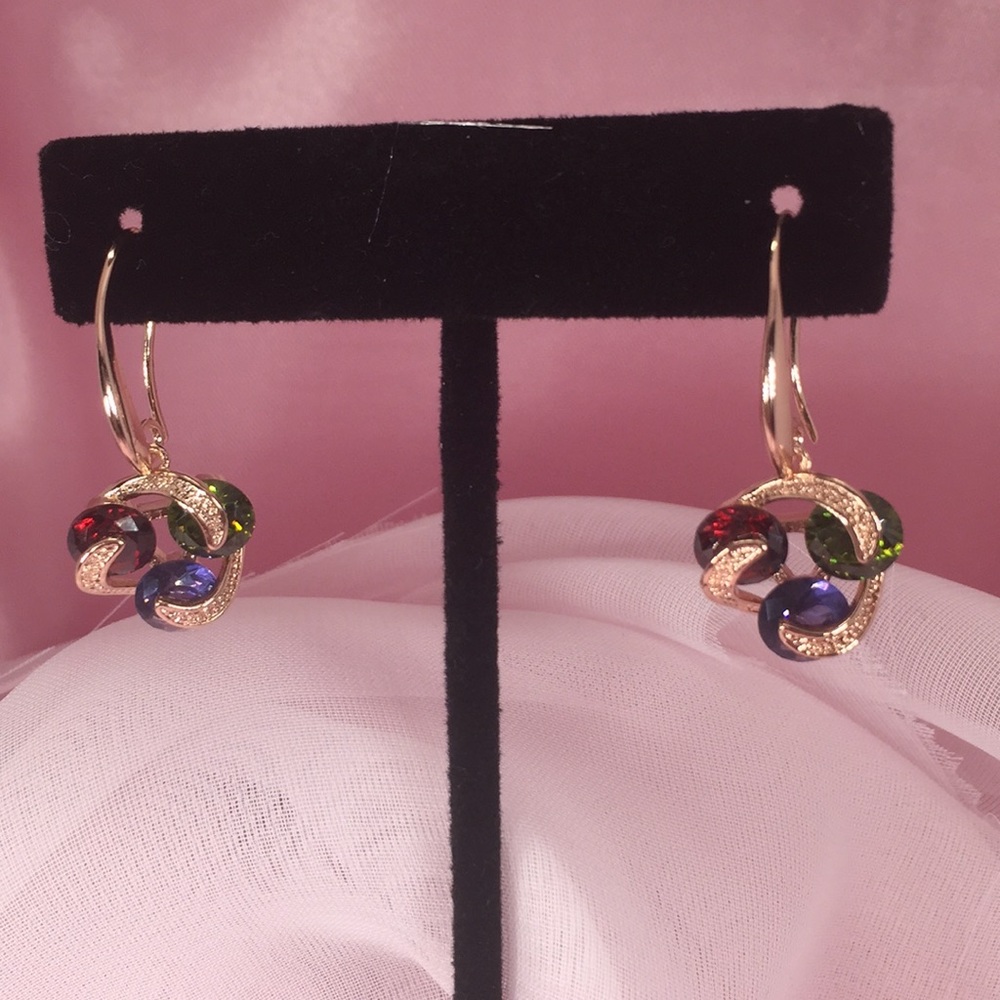ROSE GOLD HOOK EARRINGS 3 JEWELS RED GREEN & BLUE